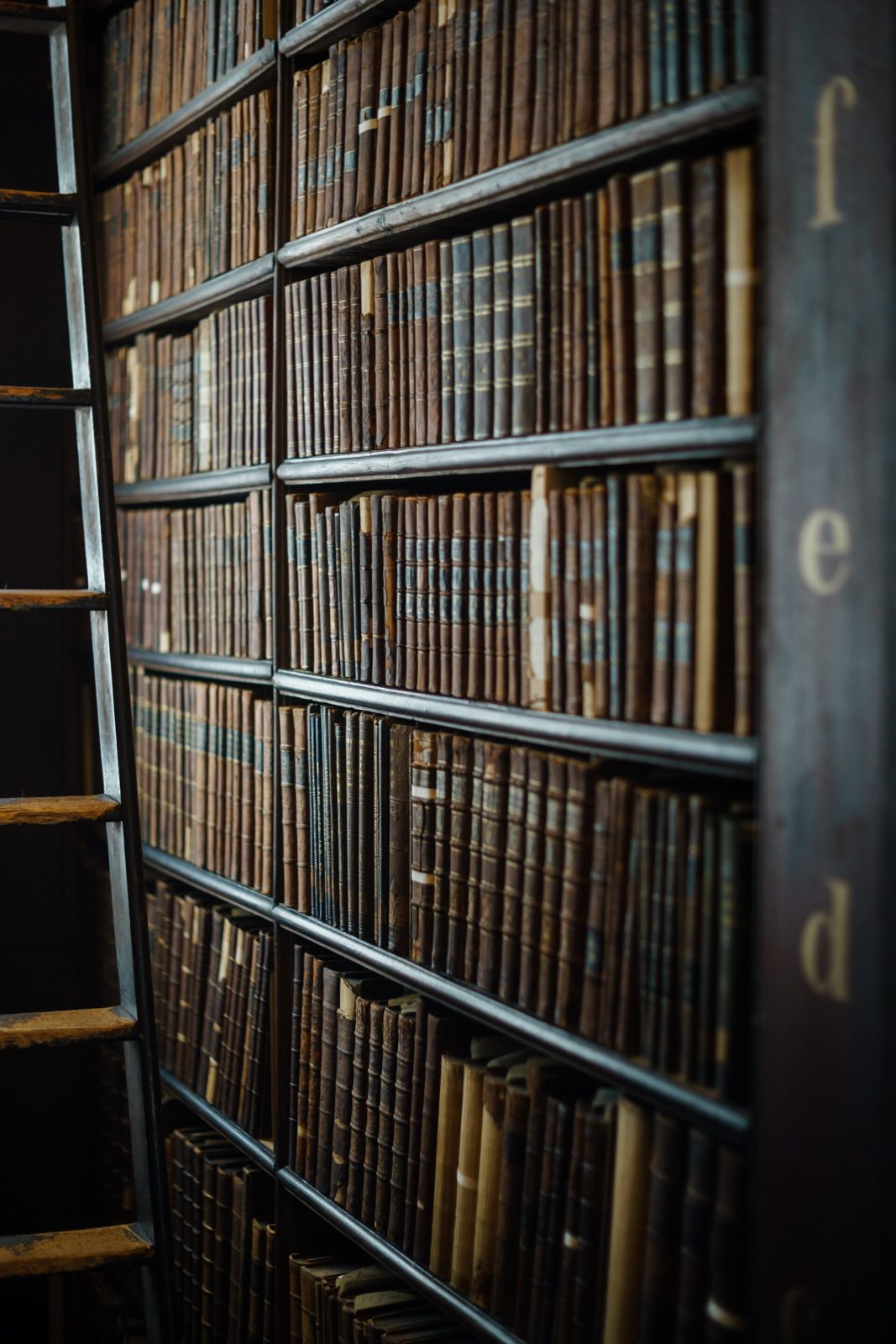 A library ladder against tall shelves of bound volumes.